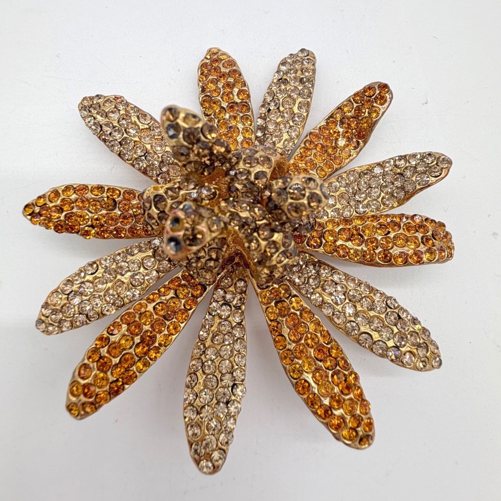 Vintage Rhinestone Flower Brooch Amber Champagne Crystal Gold Tone Statement Pin
